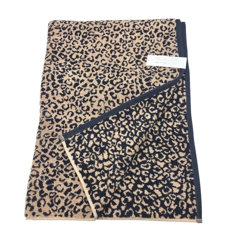 Rachel Zoe Leopard Cheetah Print Cotton Bath Towel 30x56 Black Ginger  Reversibl